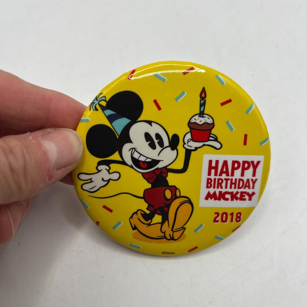 Disney Parks Happy Birthday Mickey 2018 Button Pin Yellow Collectible Cupcake